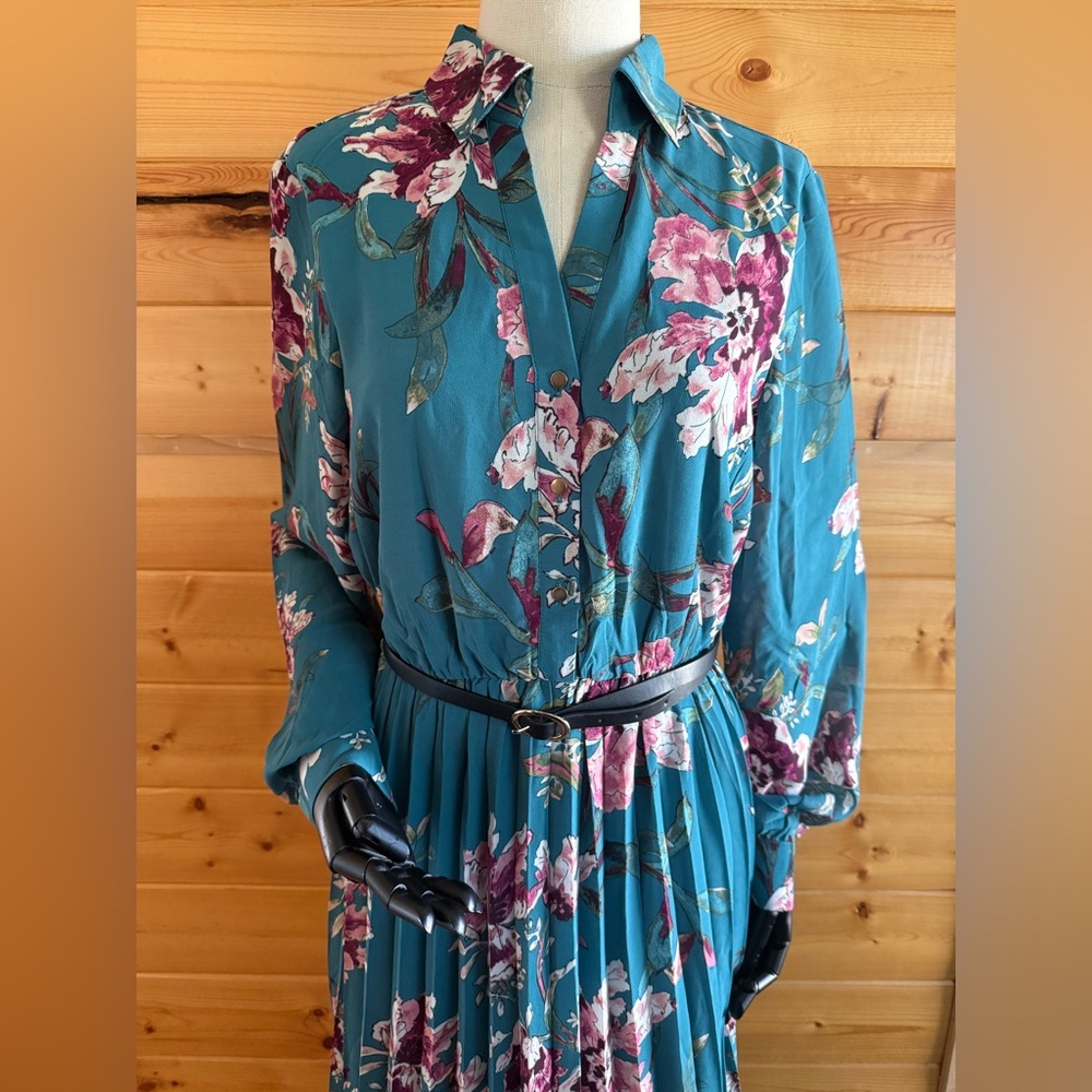 Floral Teal Dress with Belt